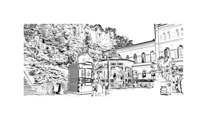 Building view with landmark of Karlovy Vary is the 
city in the Czech Republic. Hand drawn sketch illustration in vector.