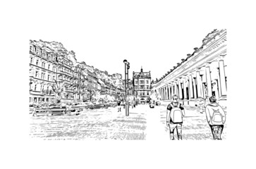 Fototapeta premium Building view with landmark of Karlovy Vary is the city in the Czech Republic. Hand drawn sketch illustration in vector.