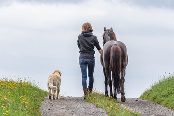 Dogs and horses concept: A woman walks her dog and her horse on a country lane. Dog and horse owner, view from behind