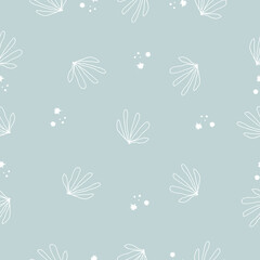 Seamless hand drawn leaves line art pattern in black and white ,minimalist vector background 