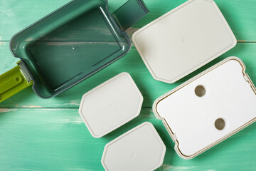 top view plastic takeout lunch box with individual containers