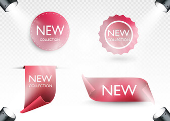 New collection tags. Vector badges and labels. Paper ribbons