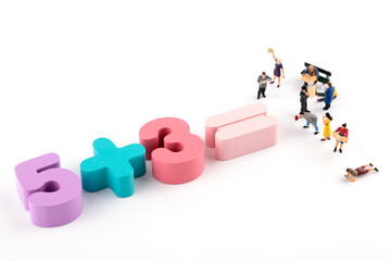 5 plus 3 equals the question mark made up of dolls