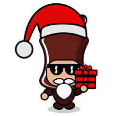 cartoon cute chocolate candy roll mascot costume character holding gifts and wearing christmas hats