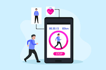 Fitness apps vector concept. Man jogging with fitness apps on mobile phone