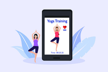 Fitness apps vector concept. Woman doing yoga meditation with fitness apps on mobile phone