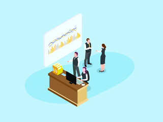 Business people discussing about stock graph on virtual screen. Isometric vector concept