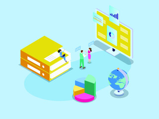 Business meeting and presentation isometric vector concept. Businesspeople discussing with financial graph on the computer monitor