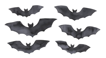 Water color illustration collection of black flying bats silhouette. Hand painted watercolor drawing on white background, isolated clipart elements for design, stickers, poster, banner, home decor.