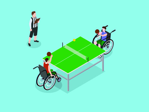 Handicapped table tennis player competing in a championship. Isometric vector concept