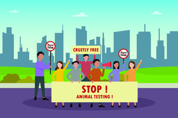 Stop animal testing vector concept: Group of people showing stop animal testing text on the banner while shouting with megaphone