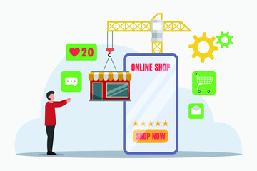 Online shop application vector concept: Young man try to set online shop application on mobile phone 