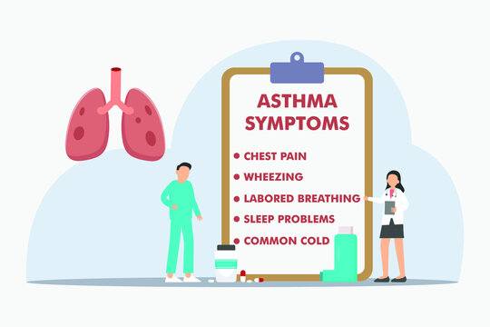 Asthma symptoms vector concept: Female doctor showing asthma symptoms to her patient on the clipboard