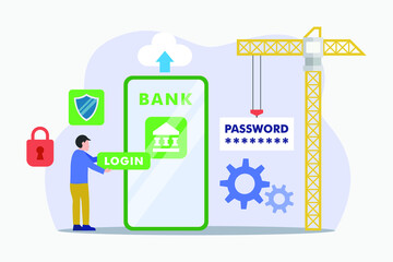 Banking application vector concept: Young man try to set security to mobile banking application with password 