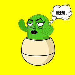 vector illustration of a cactus planted in a pot with a bored expression, cactus mascot icon with a conversation bubble