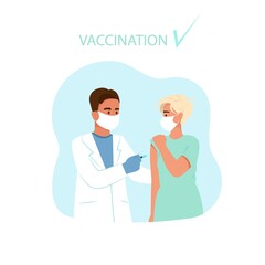 Doctor vaccinates a woman. Vaccination against coronavirus. Vector illustration in flat style.