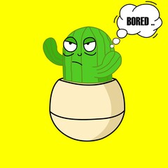 vector illustration of a cactus planted in a pot with a lazy expression, cactus mascot icon