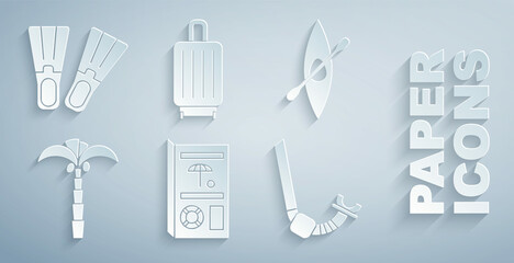 Set Travel brochure, Kayak or canoe and paddle, Tropical palm tree, Snorkel, Suitcase and Rubber flippers icon. Vector © Vadim