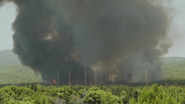 Big fire at Varimbombi, Athens, Greece, August 03, 2021. Wide view of raging flames, black smoke covering the sky 120fps