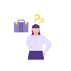 illustration of a female job applicant who is confused to find a job. unemployment, inquiries, looking for work. work bag. flat cartoon style. vector design