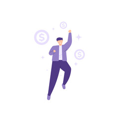 illustration of a businessman jumping happy because he has got money or success. employees who get income or salary. flat cartoon style. vector design