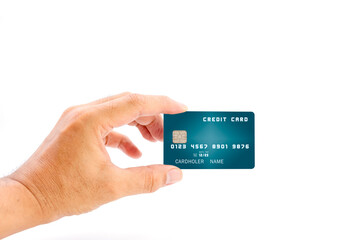 Human hand holding blue color bank credit card on white background, use for business and finance...