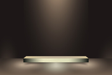 gold Pedestal platform with neon modern standing podium on black room background.