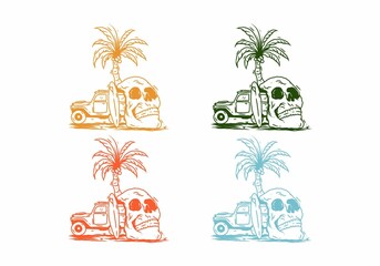 Four color variation of skull head and car with surfing board