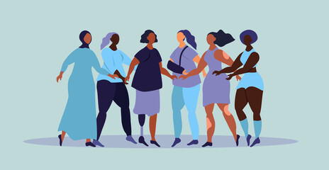 Fototapeta premium vector illustration on the theme of inclusiveness, body positive. diversity of people. women of different races, women with disabilities. trend illustration in flat style