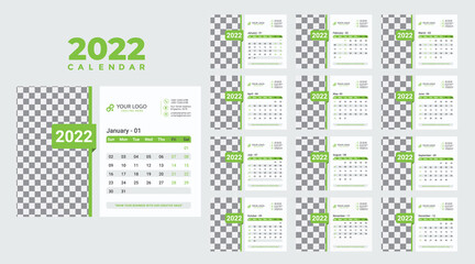 Calendar design for 2022. Week starts on Sun. Set of 12 calendar pages vector design print template with place for photo and company logo. Desk calendar template with white background.