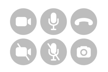 Virtual hangouts icons for conference call. On and off video, sound, camera and call icons isolated on white background. Flat vector illustration