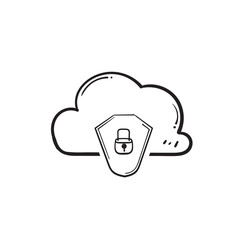 hand drawn doodle cloud and padlock symbol for cyber protection and security icon illustration vector