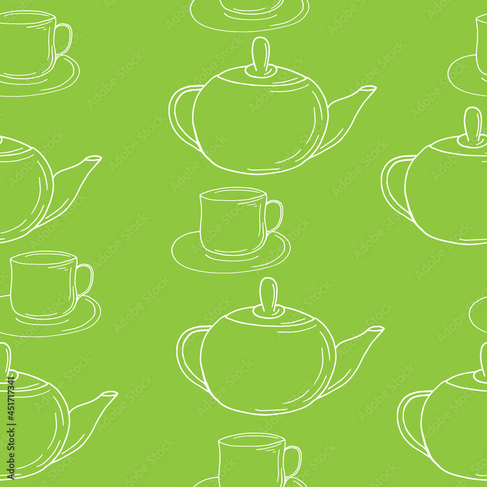 Wall mural cups and teapot seamless pattern. hand drawn doodle. wallpaper, tablecloth, menu, wrapping paper, textiles, fabric. vector. dishes, kitchen, tea, coffee, drinks.