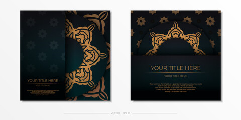 Fototapeta na wymiar Presentable Template for print design of postcard in dark green color with Arabic ornament. Preparing an invitation card with vintage patterns.