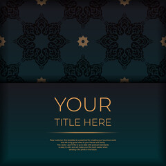 Fototapeta na wymiar Presentable Ready-to-print postcard design in dark green color with arabic patterns. Invitation card template with vintage ornament.