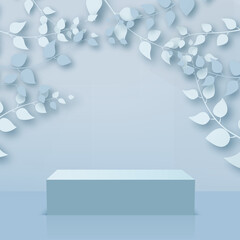 Products display 3d background podium scene with blue leaves and geometric platform. Vector illustration
