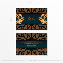 Presentable vector template for print design postcard in dark green color with arabic ornament. Preparing an invitation card with vintage patterns.