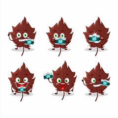Photographer profession emoticon with brown autumn leaf cartoon character