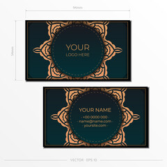 Vector Template for print design of business cards in dark green colors with luxury ornaments. Prepare a presentable business card with vintage patterns.