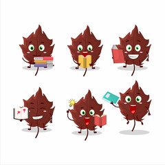A picture of brown autumn leaf cartoon character concept reading an amusing book