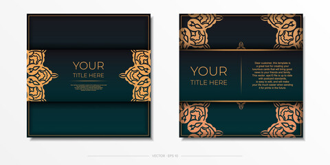 Presentable vector template for print design postcard in dark green color with arabic ornament.