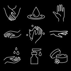 Washing hands - spa, beauty salon  symbols of wellness, cleaning, protection, health care. Linear vector icon set. - 451718371