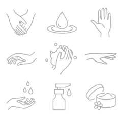 Fototapeta premium Washing hands - spa, beauty salon symbols of wellness, cleaning, protection, health care. Linear vector icon set.