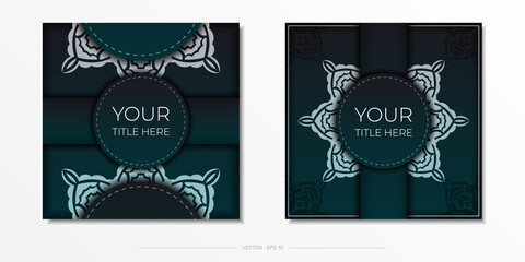 Presentable Template for print design of postcard in dark green color with Arabic ornament.