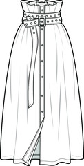 womens button front belted paper bag skirt flat sketch vector illustration