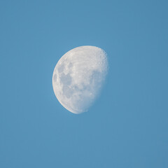 Late afternoon partial moon in the blue sky