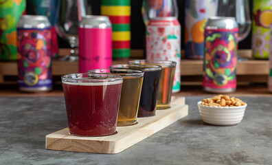 Craft beer tasting, sour fruit IPA, lager, stout, and pale ale. Bar with different cans in the blurred background.