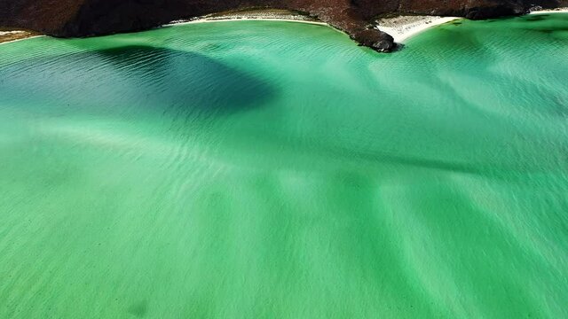 Beautiful green shallow waves of Balandra Beach in Baja Sur, Mexico -Aerial