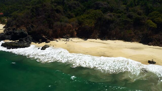 Dense Green Woods On The Sandy Seashore At Playa San Pancho In San Francisco, Nayarit, Mexico. aerial