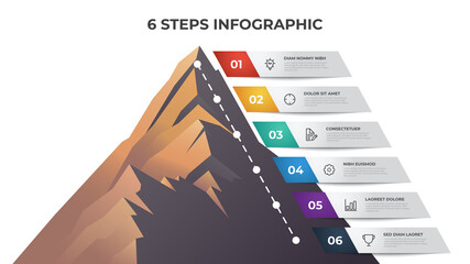 infographic element template with 6 steps, list, bullet, options, timeline diagram with mountain vector